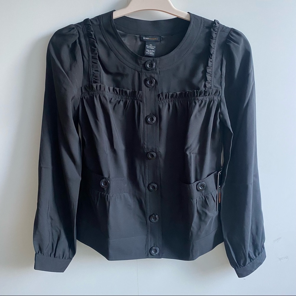 BCBGMAXAZRIA Black Ruffle Button Blouse NWT